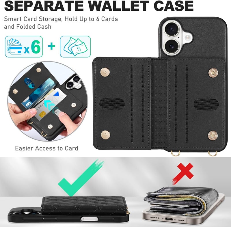 TUCCH Case for iPhone 16 (6.1") with Adjustable Strap, Magnetic Closure Folio Wallet Case with RFID Blocking [6 Card Holders] [Removable Crossbody Lanyard], Shockproof PU Leather Cover, Argyle Black - Image 4